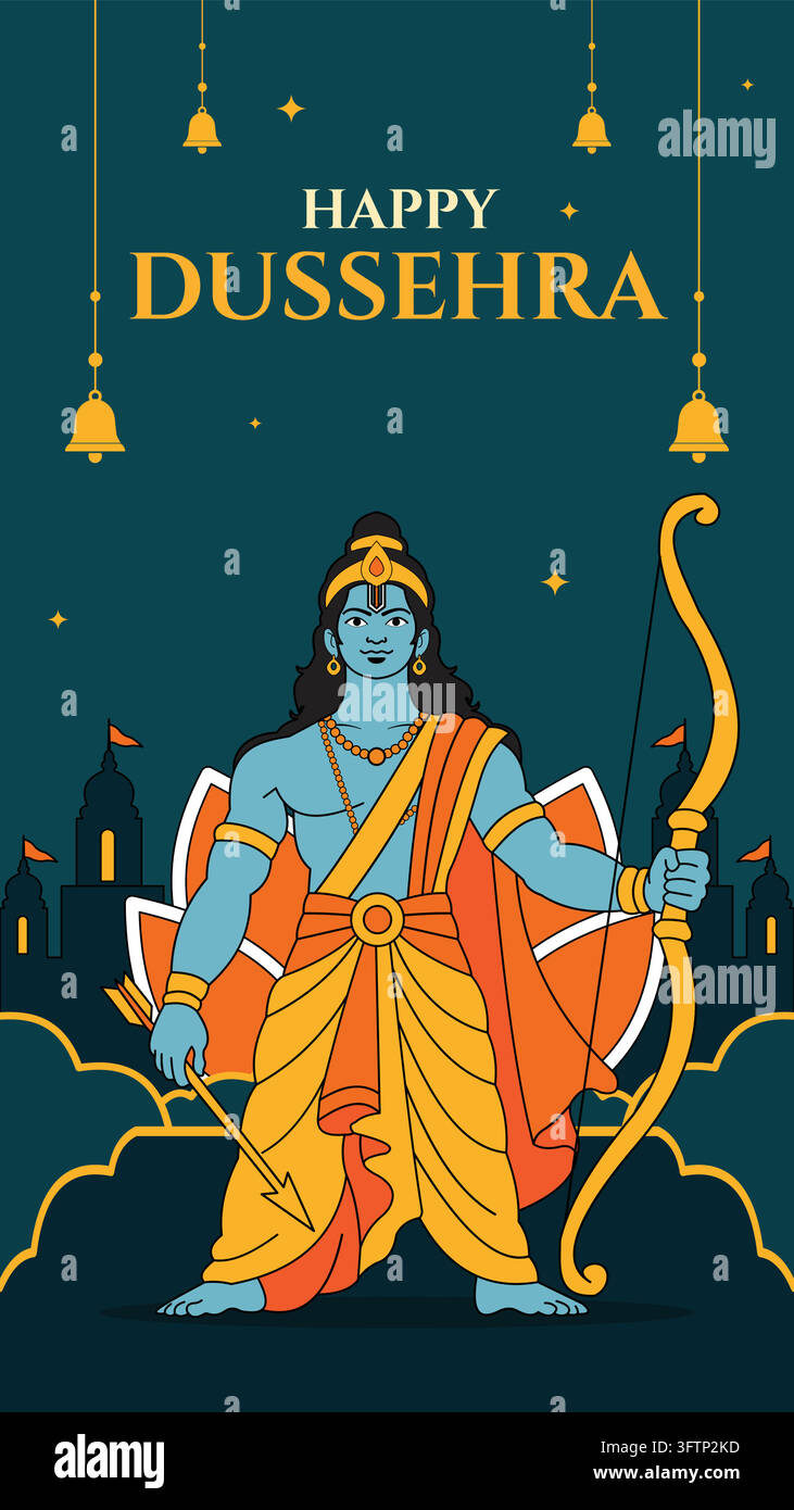 Happy Dussehra vector illustration featuring Lord Rama with his bow ...