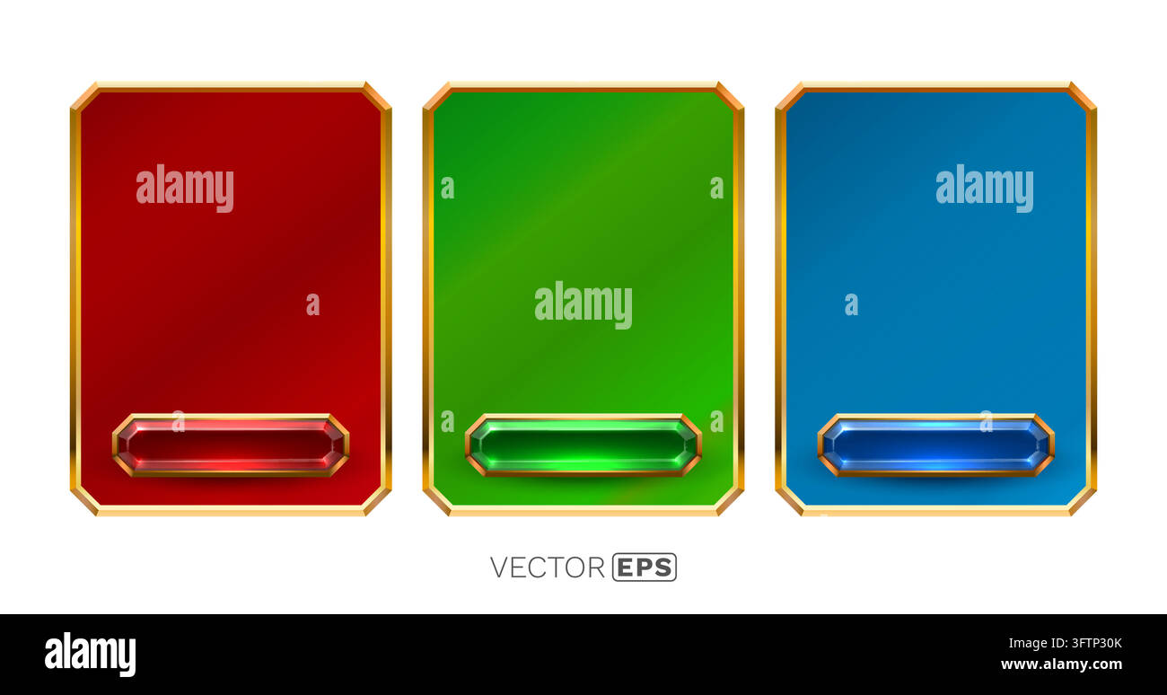 Three golden framed blank game panels with glossy buttons. Vector ...