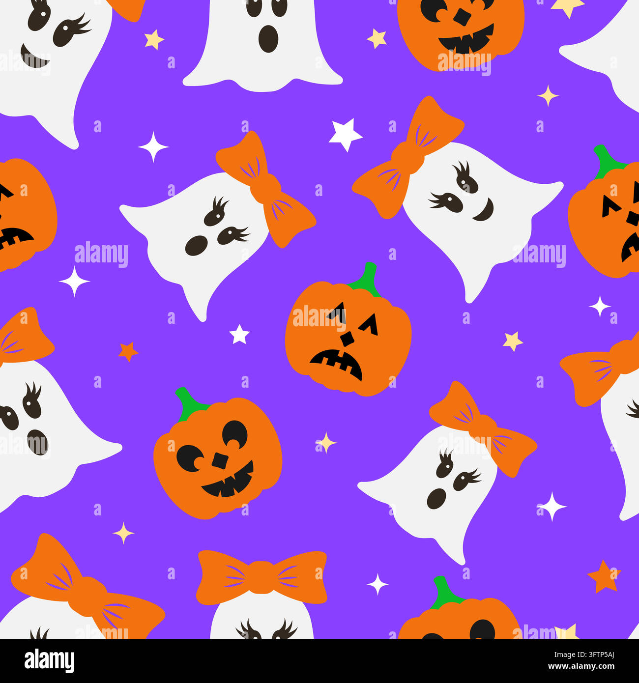 Halloween seamless pattern with cute cartoon ghosts and carved pumpkins ...