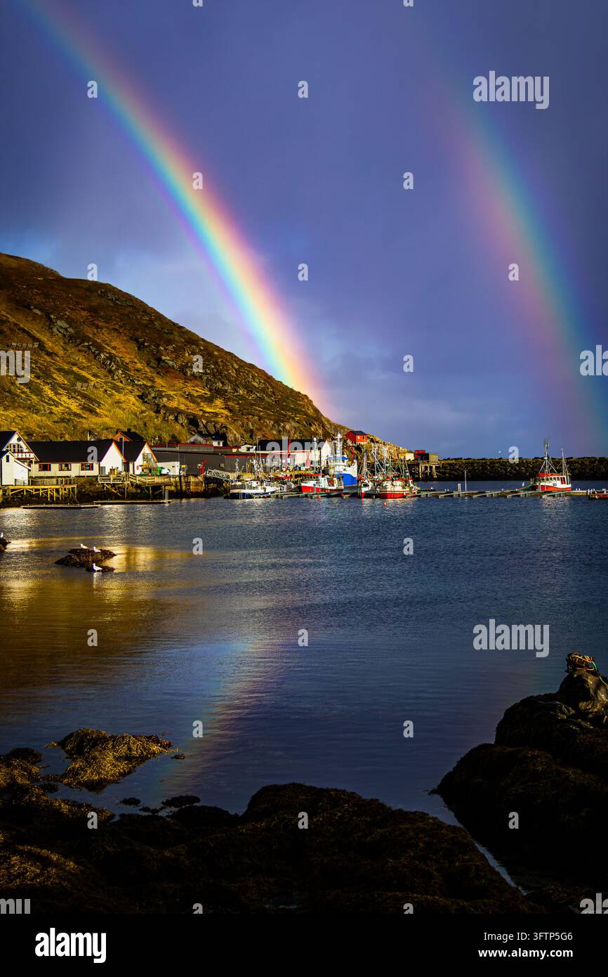 View of the fishing harbor with colorful boats docked near the shore ...