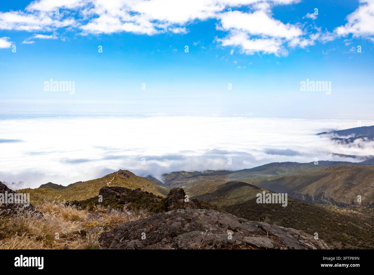 View of Mount Kilimanjaro trekking path winding through rocky terrain ...