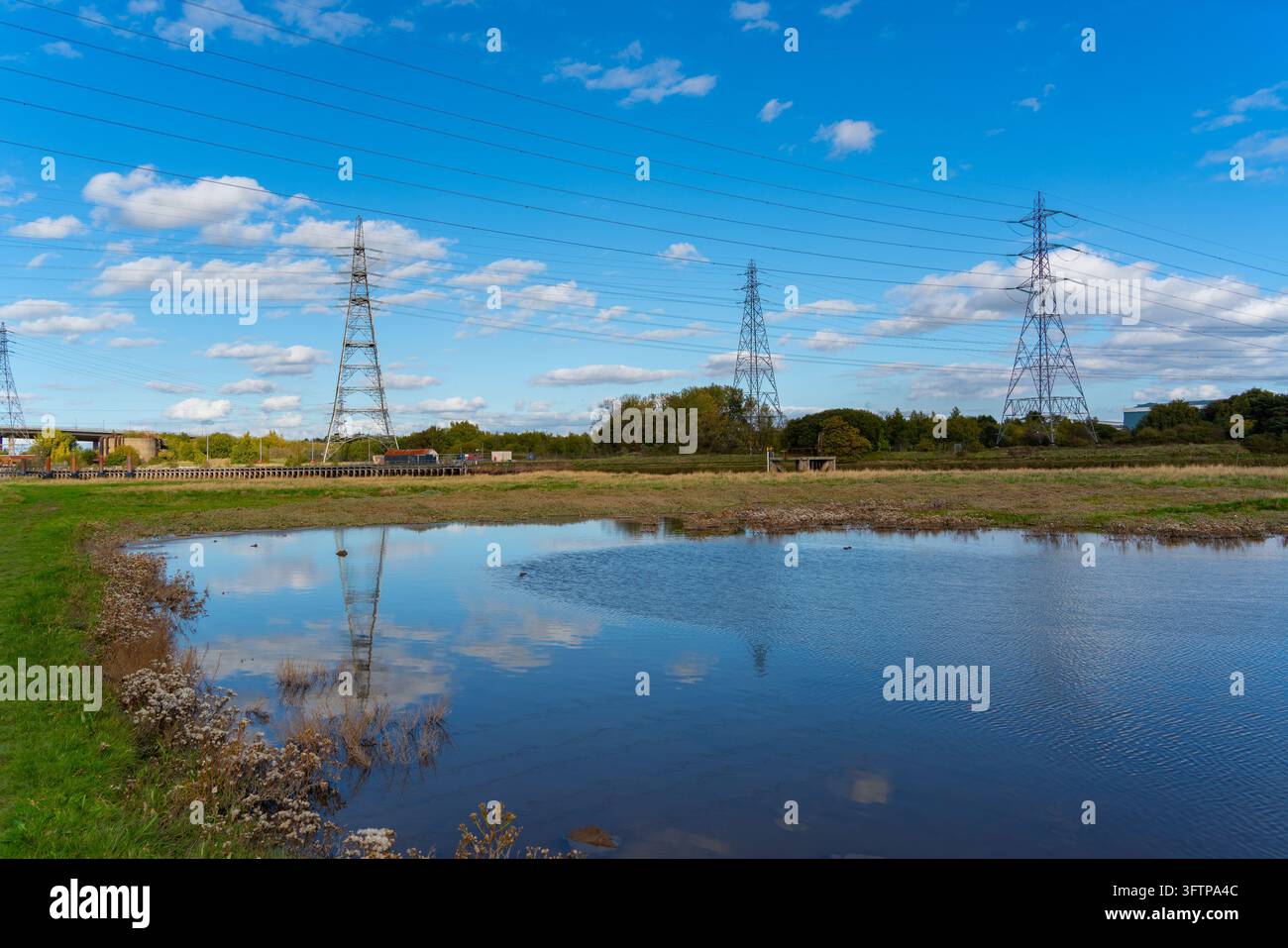 Reflection Image Bright View of electricity pylons standing in a grassy field near a reflective ...