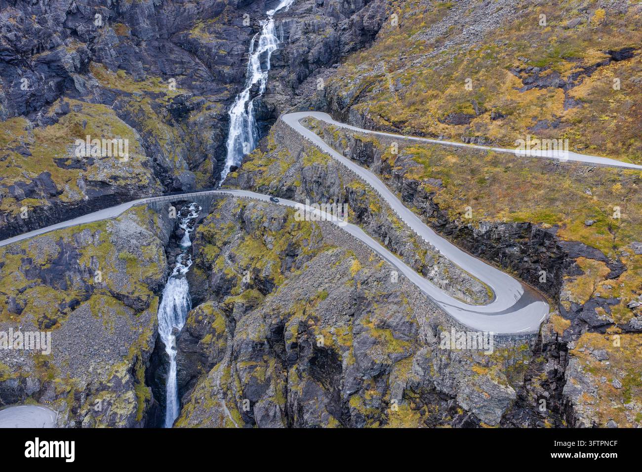 Aerial view of the iconic Trollstigen mountain road with its stone ...