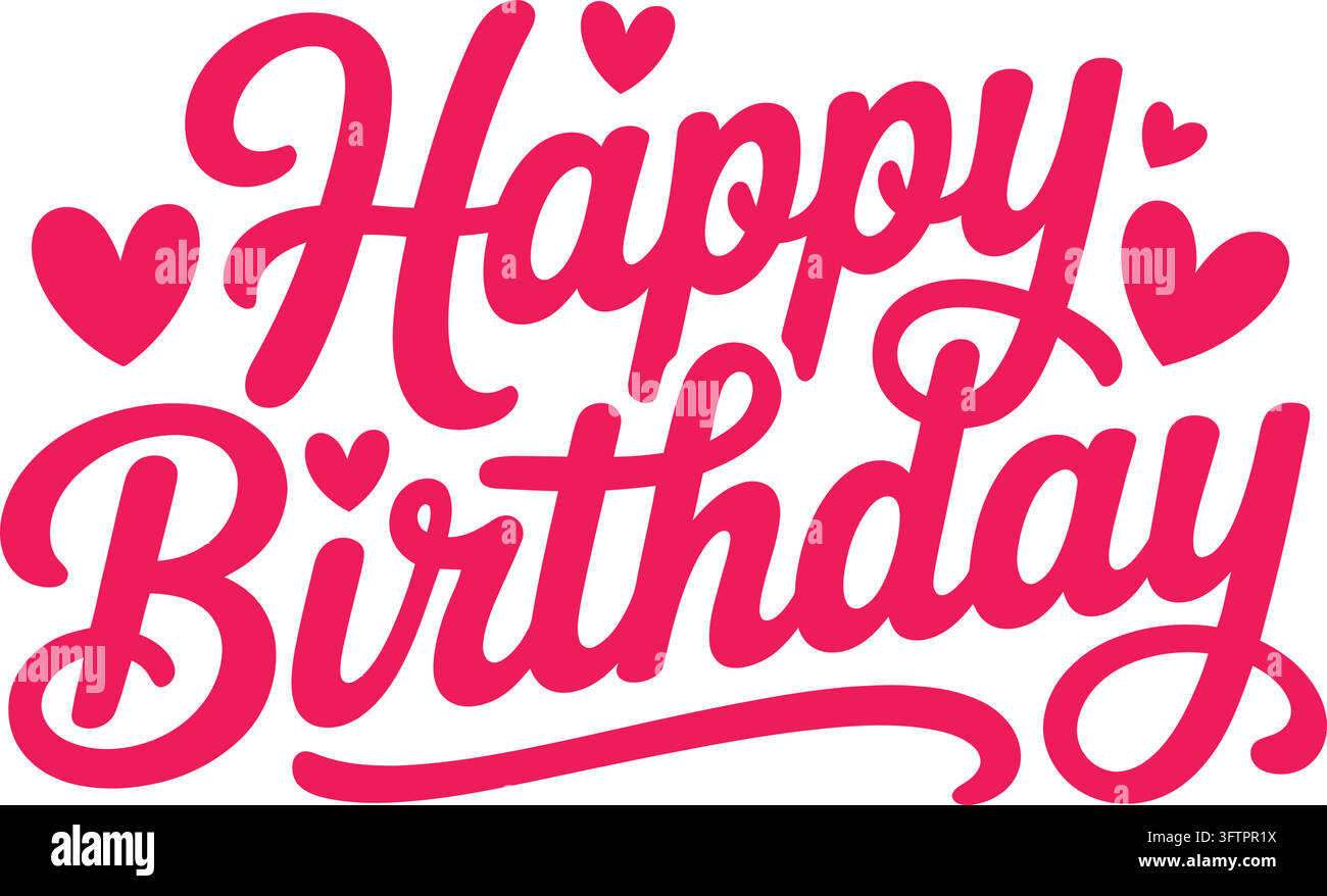 Happy birthday cursive text with heart symbols in pink Stock Vector ...