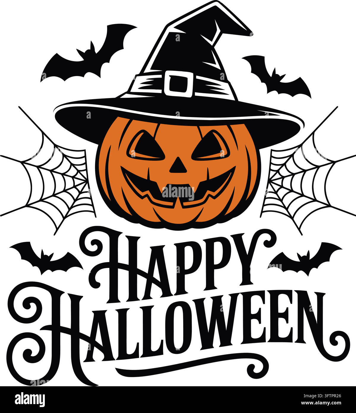 Happy halloween pumpkin with witch hat and bats illustration Stock ...