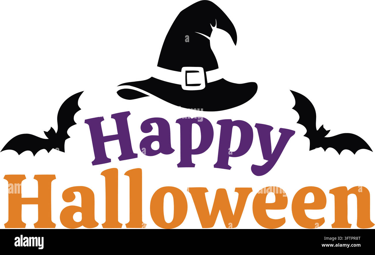 Happy halloween witch hat with bats and colorful text graphic Stock ...