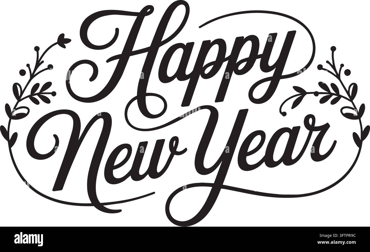 Happy new year elegant cursive text design with decorative leaves Stock ...