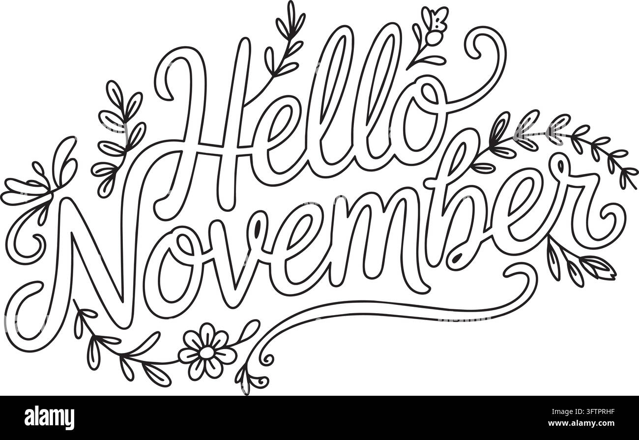 Hello november elegant handwritten typography with autumn leaves Stock Vector