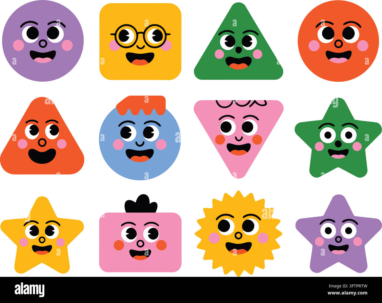 Colorful cartoon geometric faces with happy expressions in cheerful ...