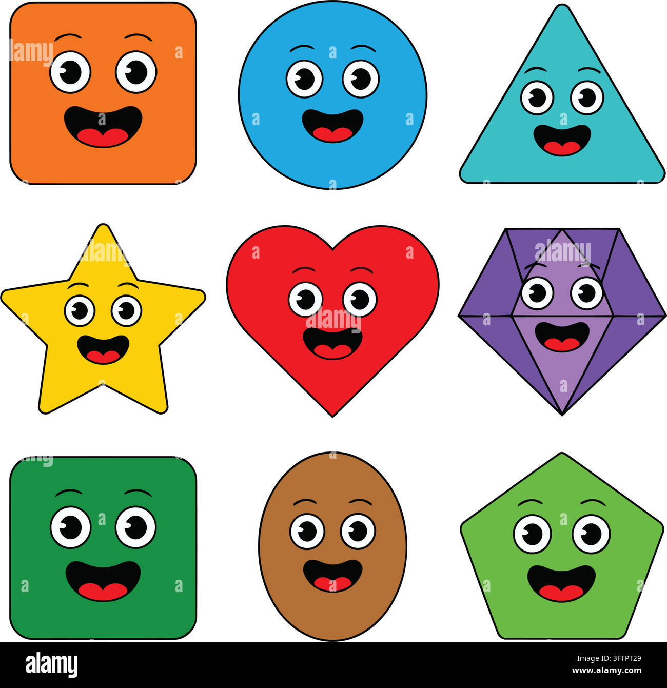 Happy cartoon geometric shapes with smiling faces isolated Stock Vector ...