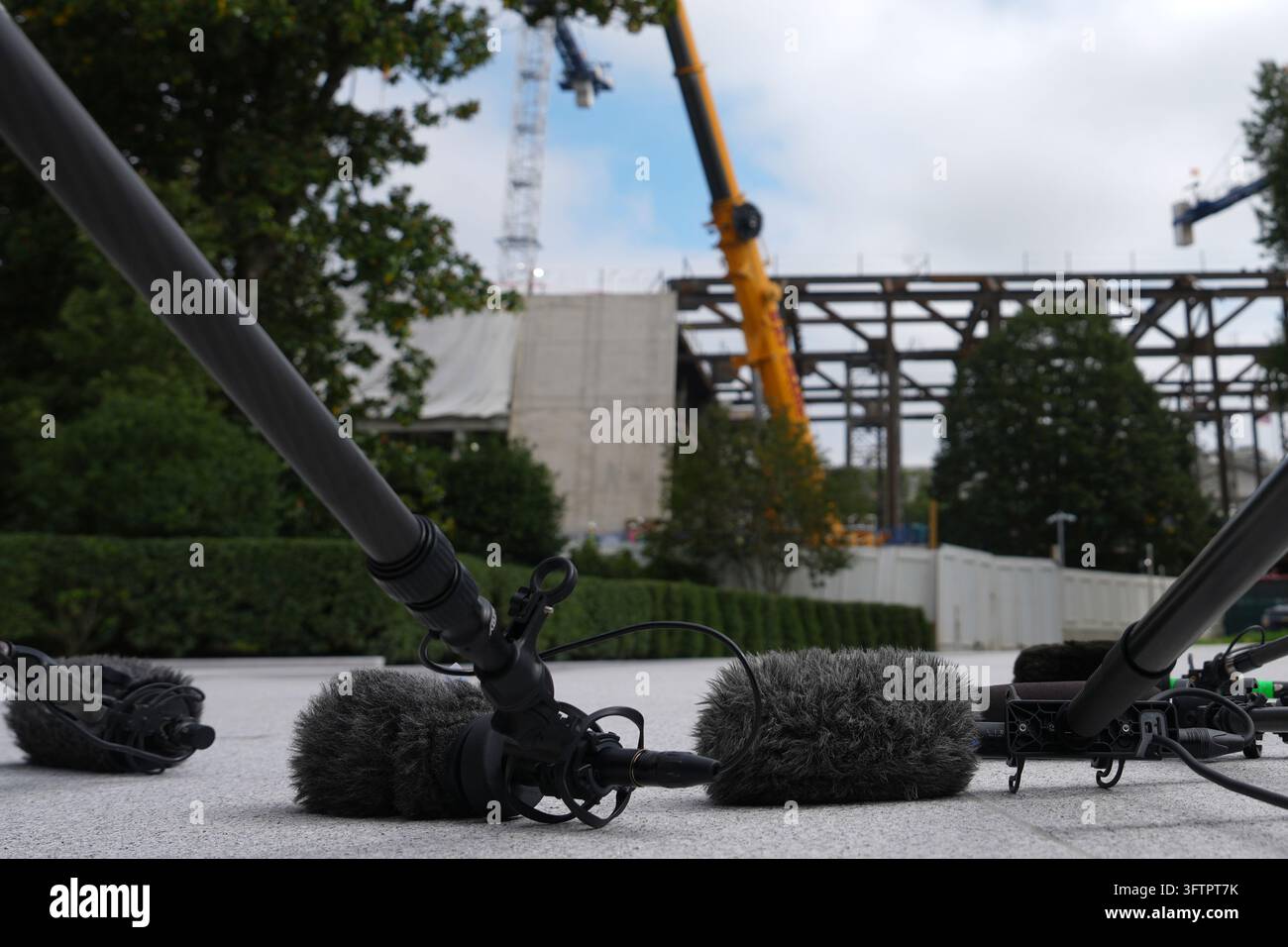 Broadcast microphones are pictured on the ground on the South Lawn with ...