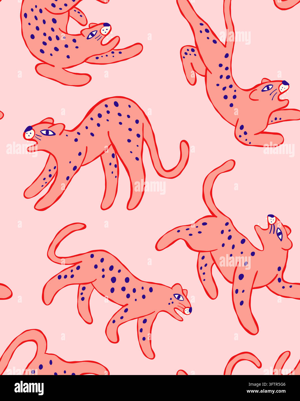 Playful Hand Drawn Cat Seamless Pattern on Pink Background Stock Vector