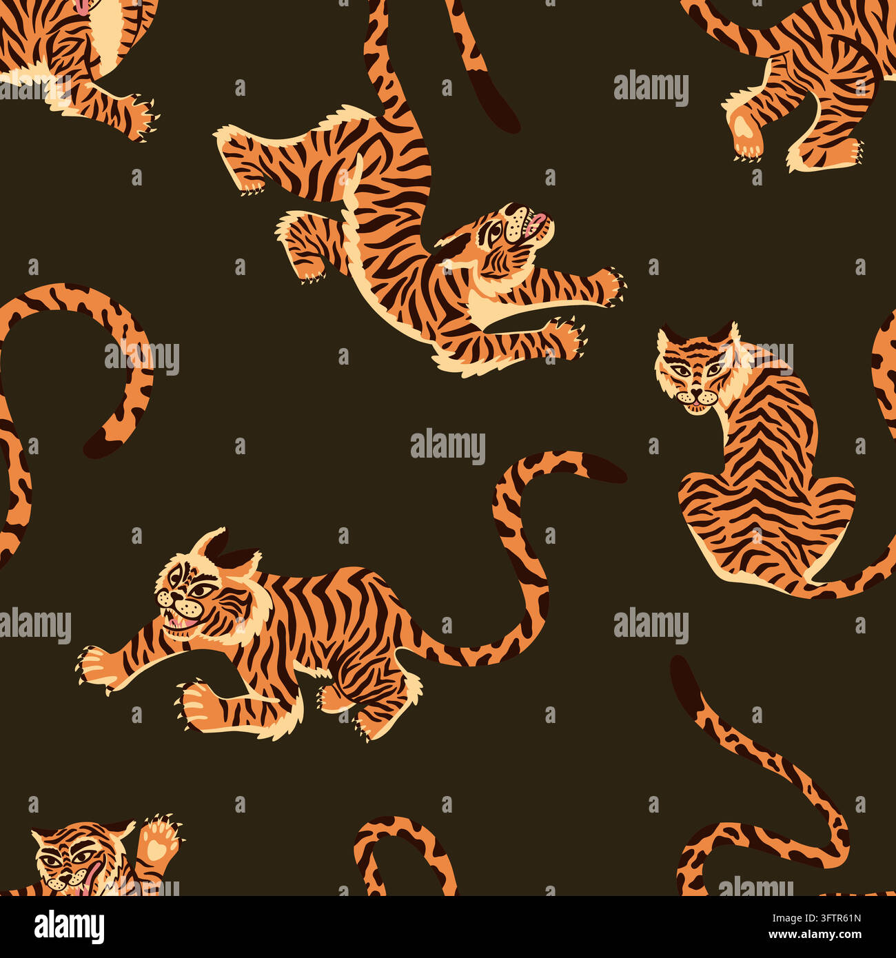 Groovy tropical tiger pattern with playful striped cats, trippy retro ...