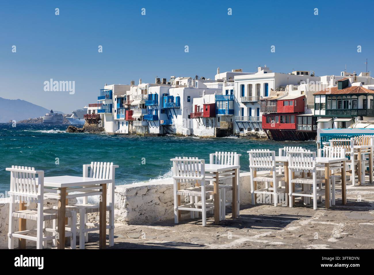 The colorful waterfront buildings of Little Venice in Mykonos stand ...