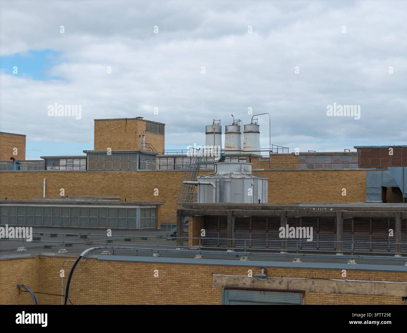 Aerial view of industrial factory buildings with brick walls and ...