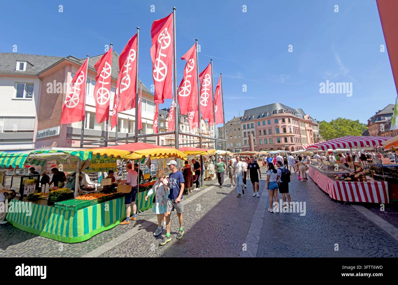 Saturday open-air market in Mainz city centre, Germany, with fruit stalls and red Mainz flags. Stock Photo