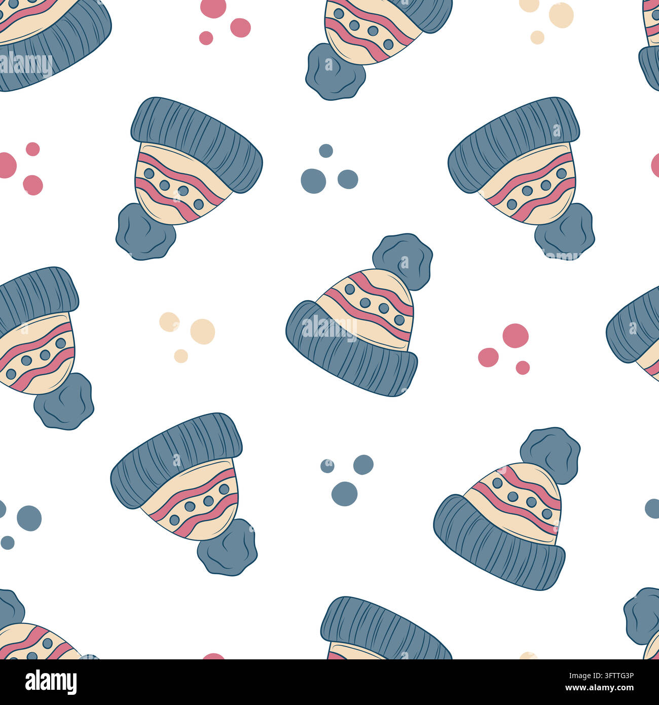 Seamless vector pattern with blue knitted winter hats and pompoms Stock Vector