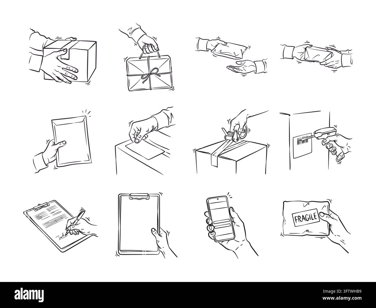 A monochrome line art drawing set featuring twelve hand poses handling delivery parcels, packaging boxes, courier envelopes, and shipping tools. Drawn Stock Vector