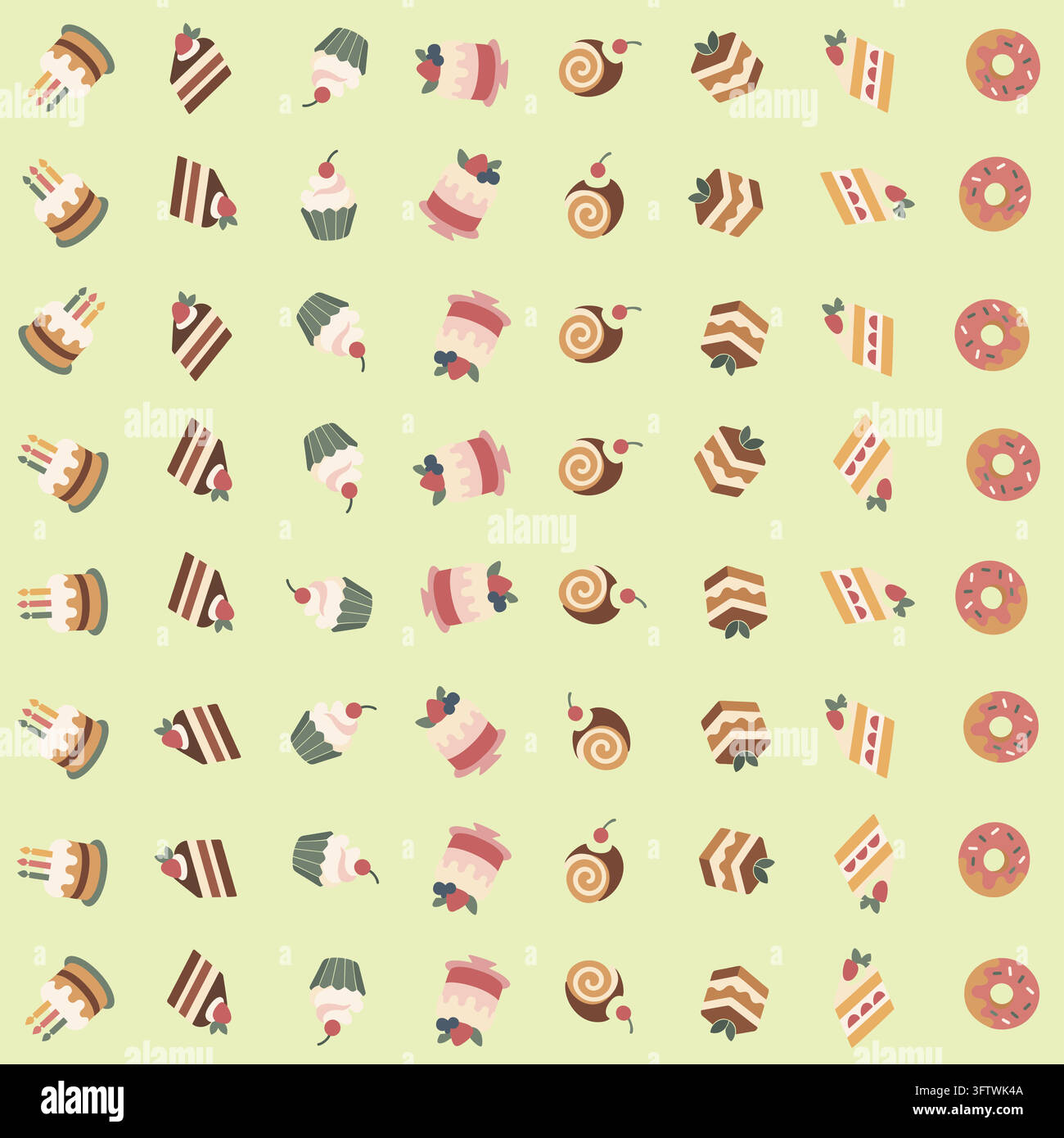 Colorful Seamless Pattern of Various Sweet Desserts Including Cakes, Cupcakes, Donuts, and Pastries vector Stock Vector
