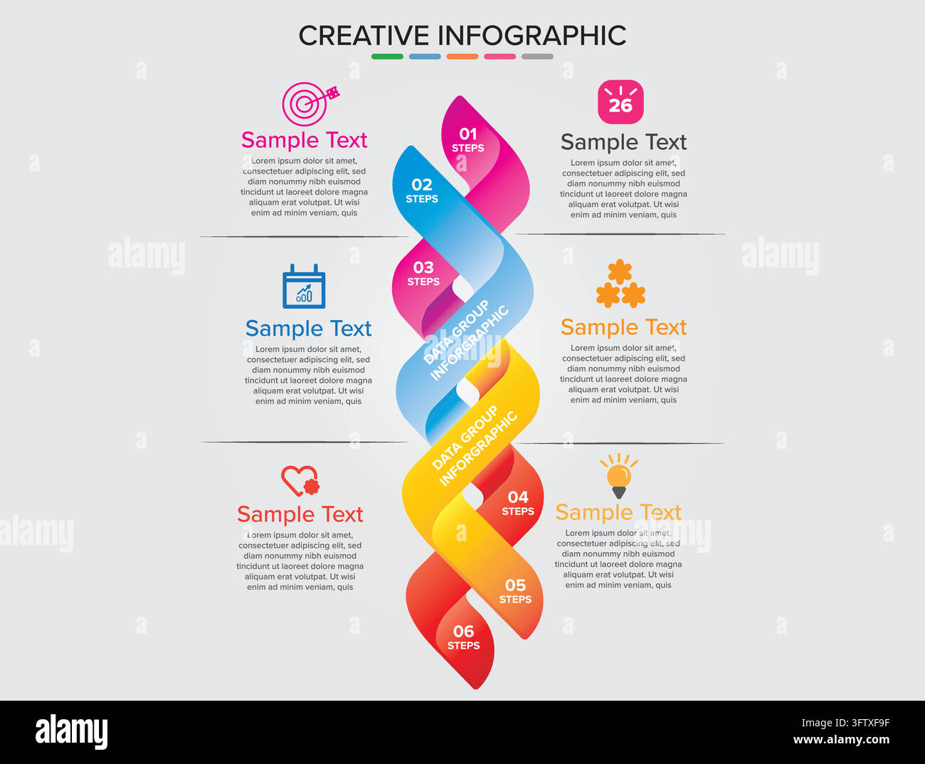 Creative Vertical 6 Step Infographic Template with Colorful Ribbon Design Stock Vector