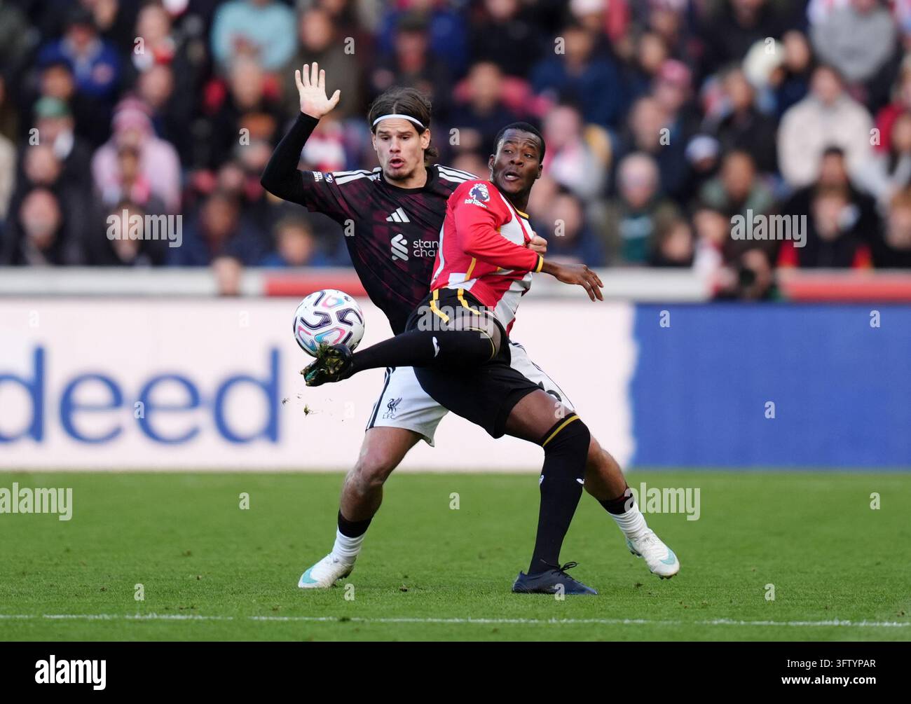 Liverpool's Milos Kerkez and Brentford's Dango Ouattara battle for the ...