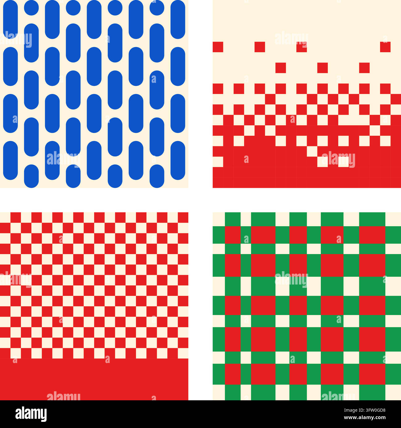 Collection of four abstract geometric patterns featuring blue capsules, red pixels, and checkered grids Stock Vector