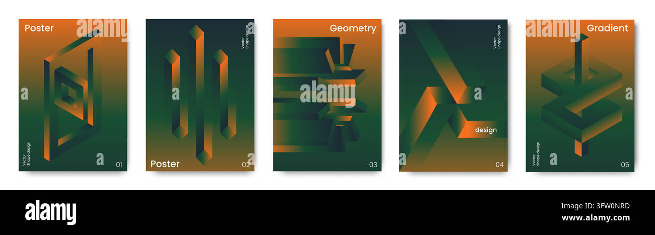 Gradient design. Abstract geometric poster, minimal shape cover or 3d pattern template. Vibrant creative prism optical illusion, minimal composition modern design. Vector contemporary backgrounds set Stock Vector
