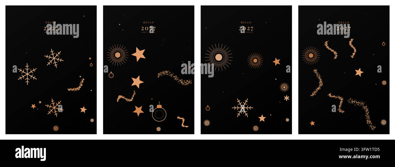 2027 New Year Greeting Card Vector Illustration Set with Golden Festive Elements and Black Backgrounds Featuring Stars and Snowflakes Stock Vector
