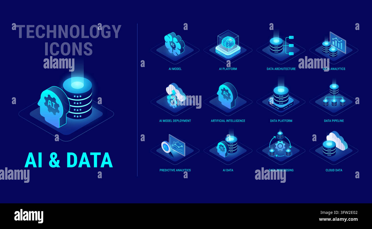 Technology icons set for AI and Data workflow diagram - AI platform, artificial intelligence, predictive data analytics, AI model, data pipeline, arch Stock Vector