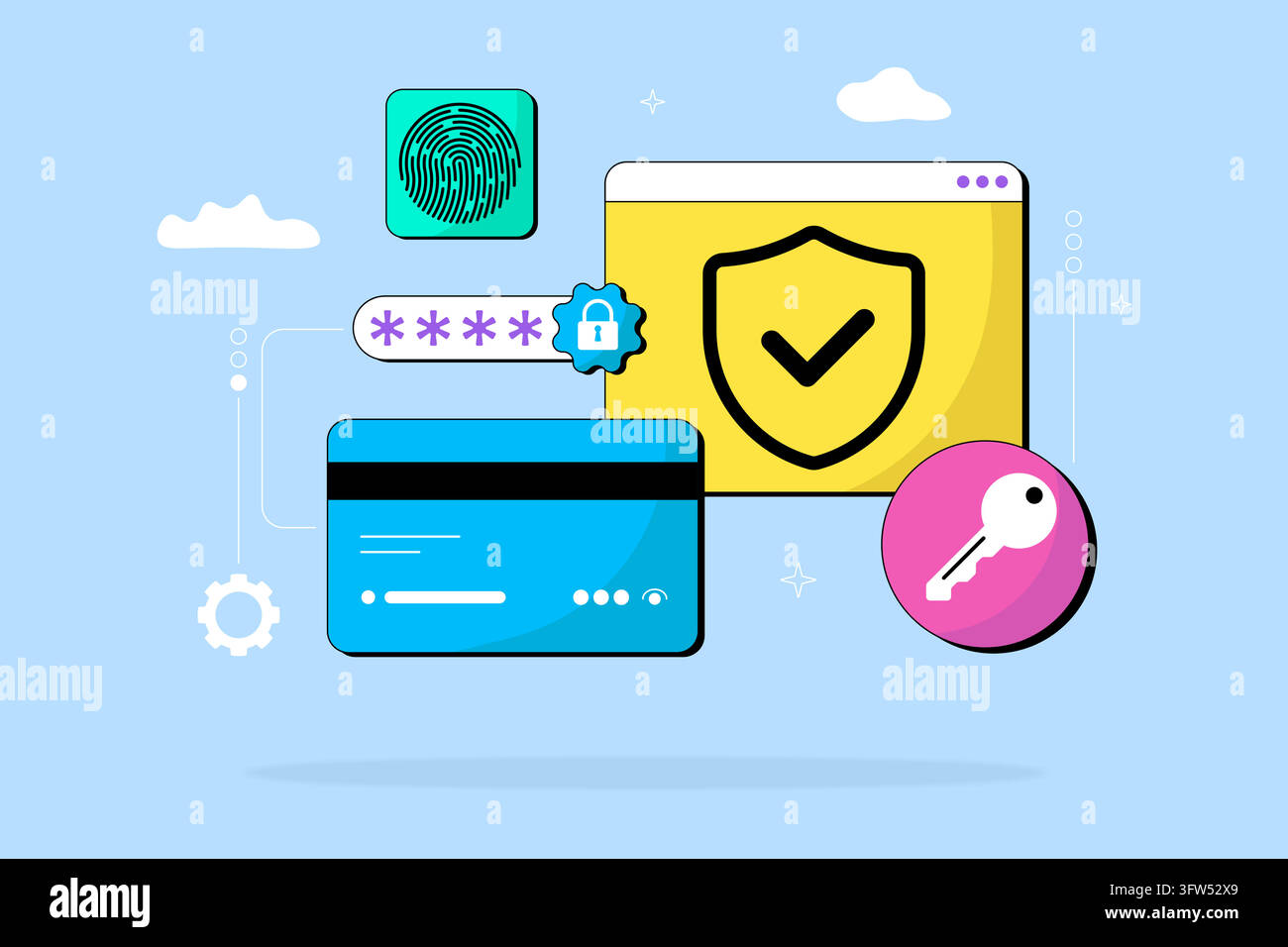 Secure payment with fingerprint, key, and shield. Blue card linked to digital protection. Simple design highlights safety and trust. Stock Vector