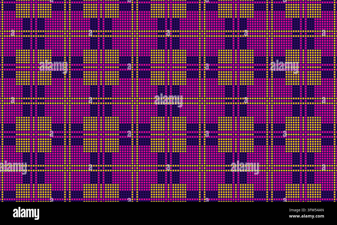 Vibrant plaid pattern in bold purple and gold tones. Grid structure features repeating square blocks. Stock Vector