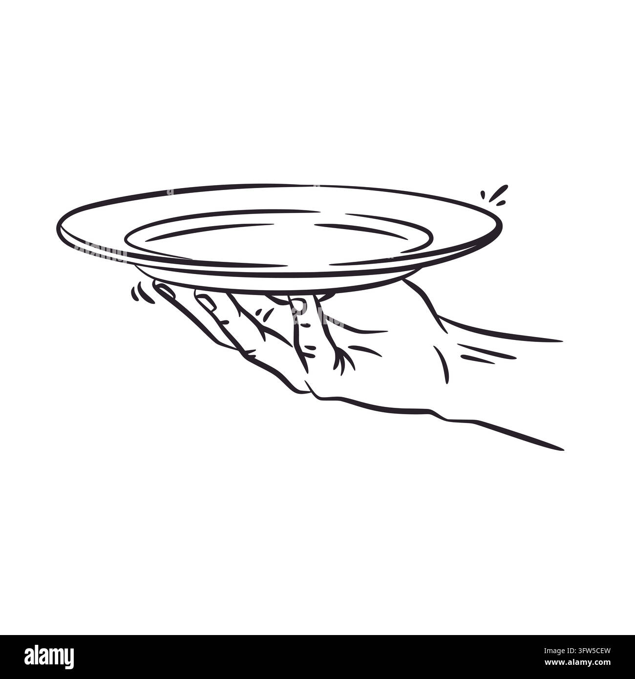 A clean line art illustration depicting a waiter or server hand balancing an empty ceramic dinner plate. Drawn in a bold black sketch style on a white Stock Vector
