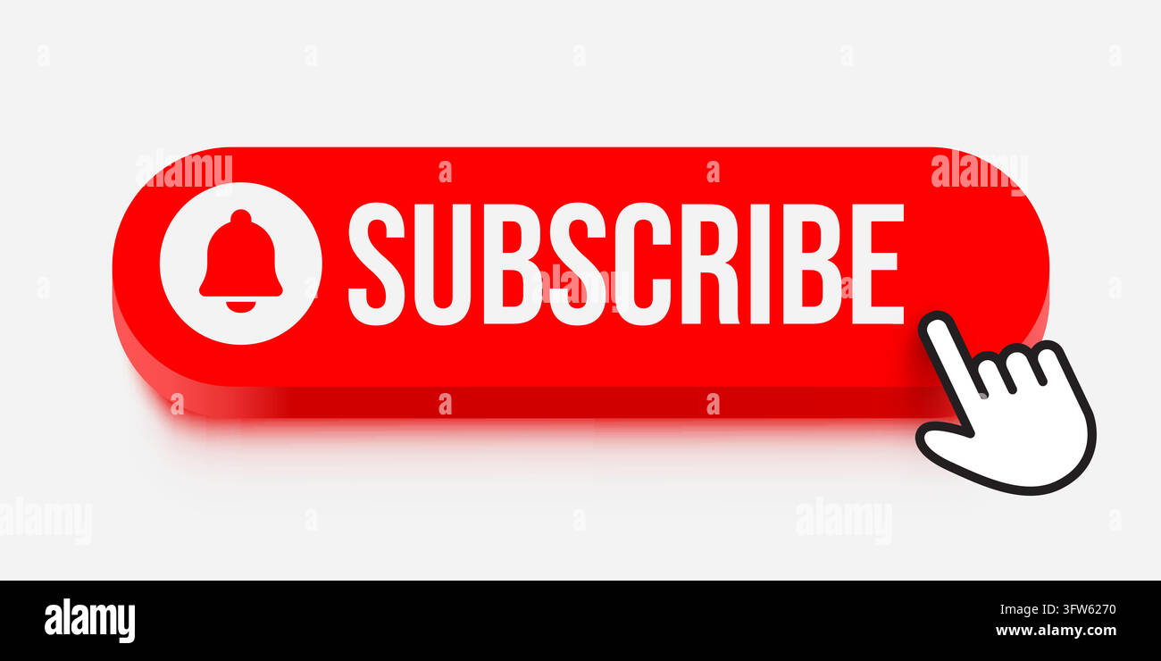 Red Subscribe button with notification bell icon and computer cursor for website channel. Vector illustration Stock Vector