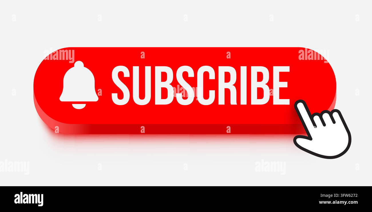 Red Subscribe button with notification bell icon and computer mouse cursor. Modern interface Vector illustration Stock Vector
