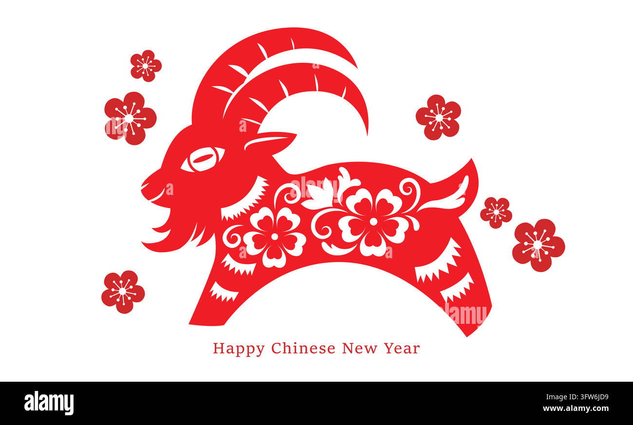 Chinese New Year 2027 red paper cutting card. Stylized goat zodiac sign ...