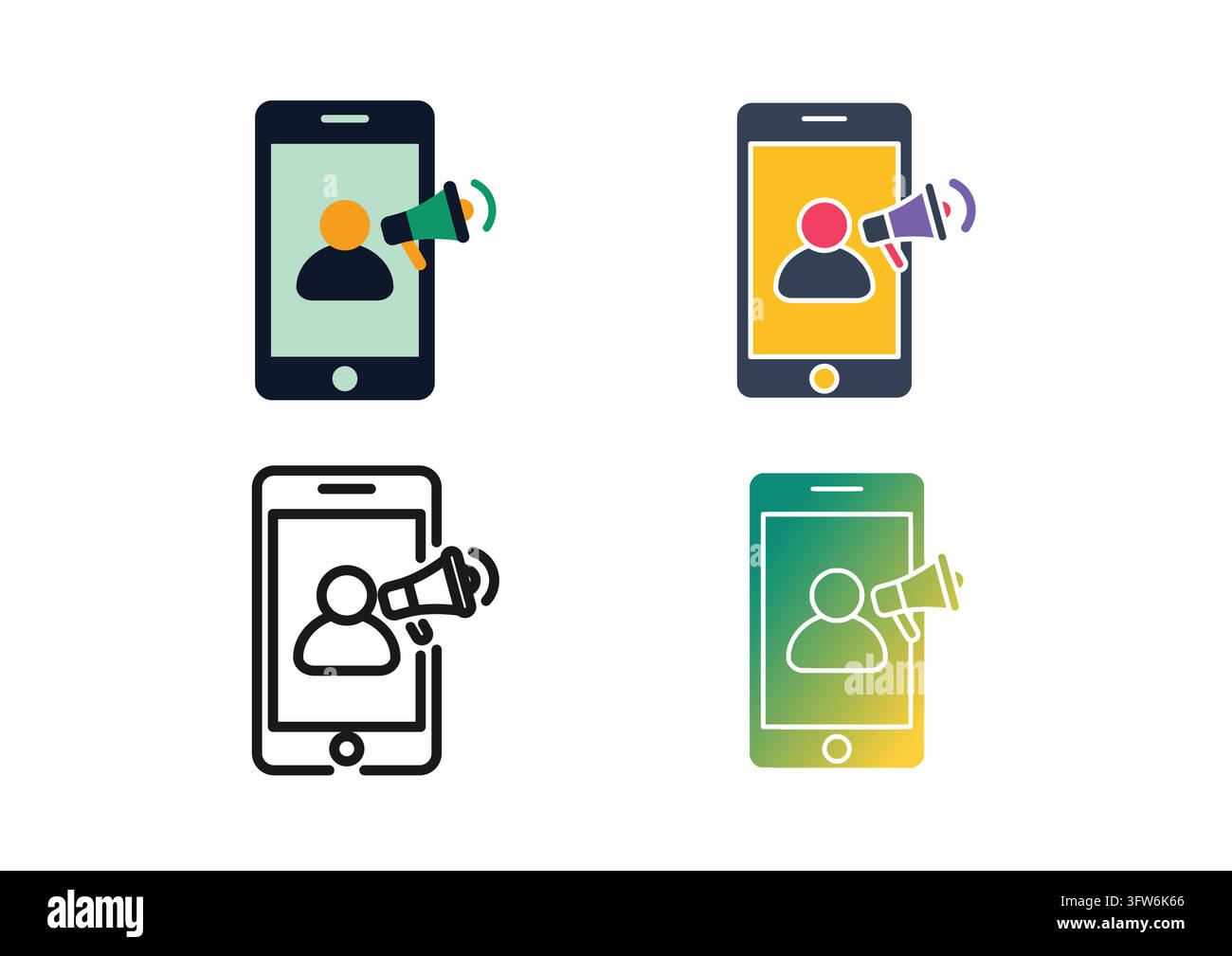 This vector icon collection showcases a smartphone screen displaying a user profile icon with a broadcasting megaphone. Presented in flat, colorful, o Stock Vector