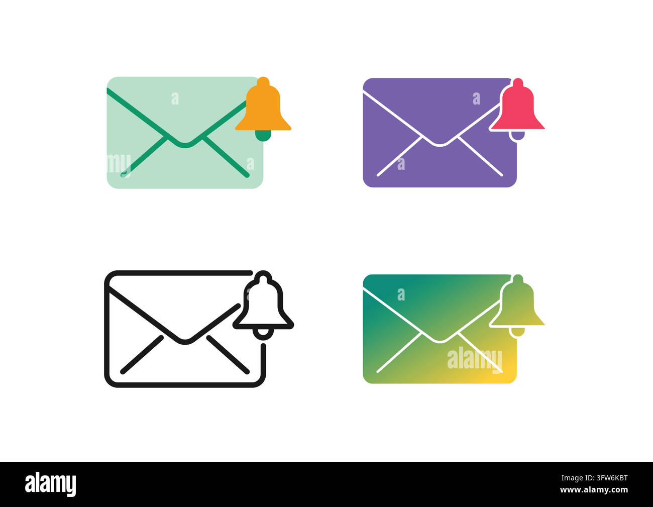 This vector icon collection features an envelope with a ringing notification bell attached, symbolizing incoming message alerts. Presented in flat, co Stock Vector