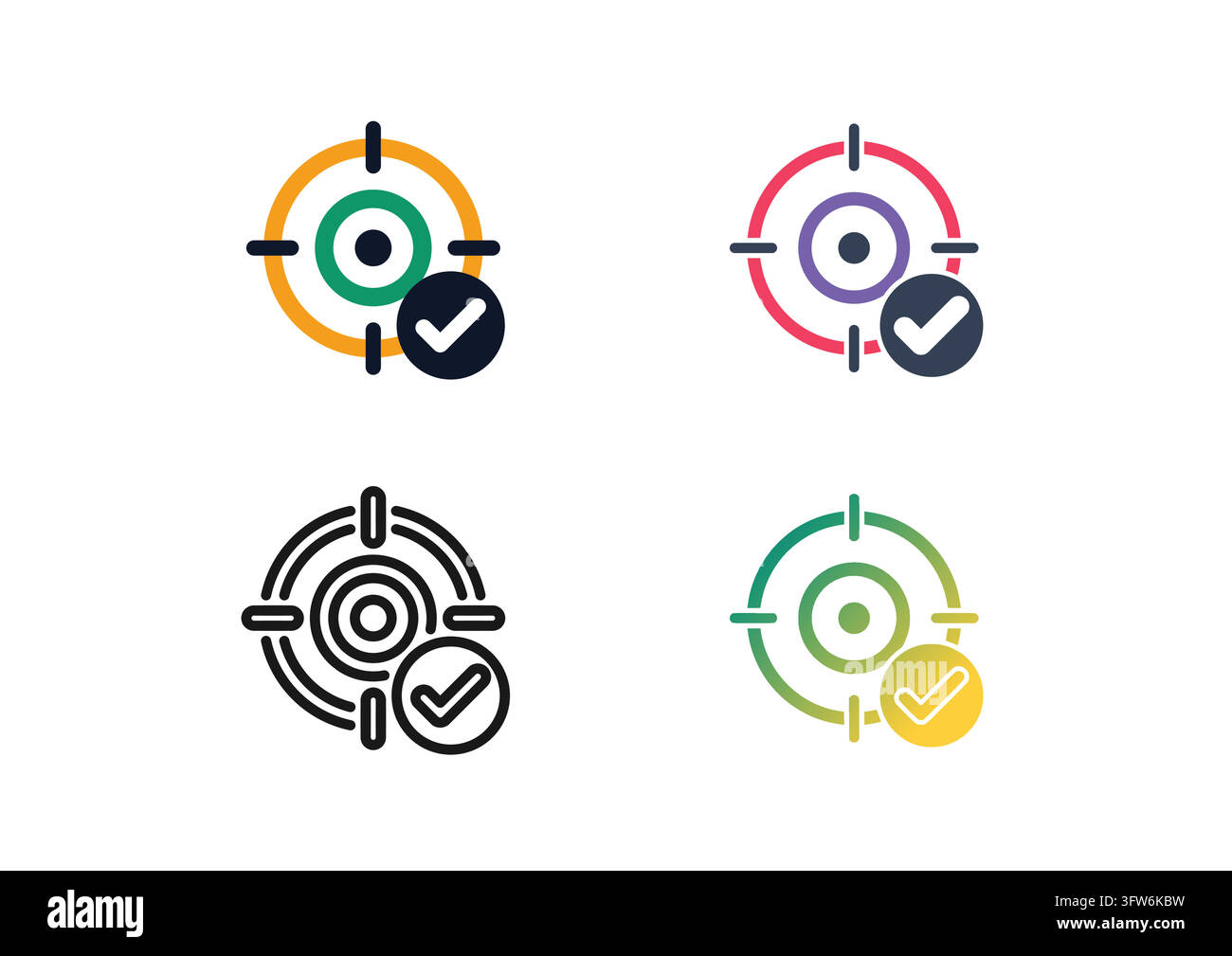 This vector icon collection showcases a crosshair target symbol combined with a checkmark badge, representing successful goal achievement and accuracy Stock Vector