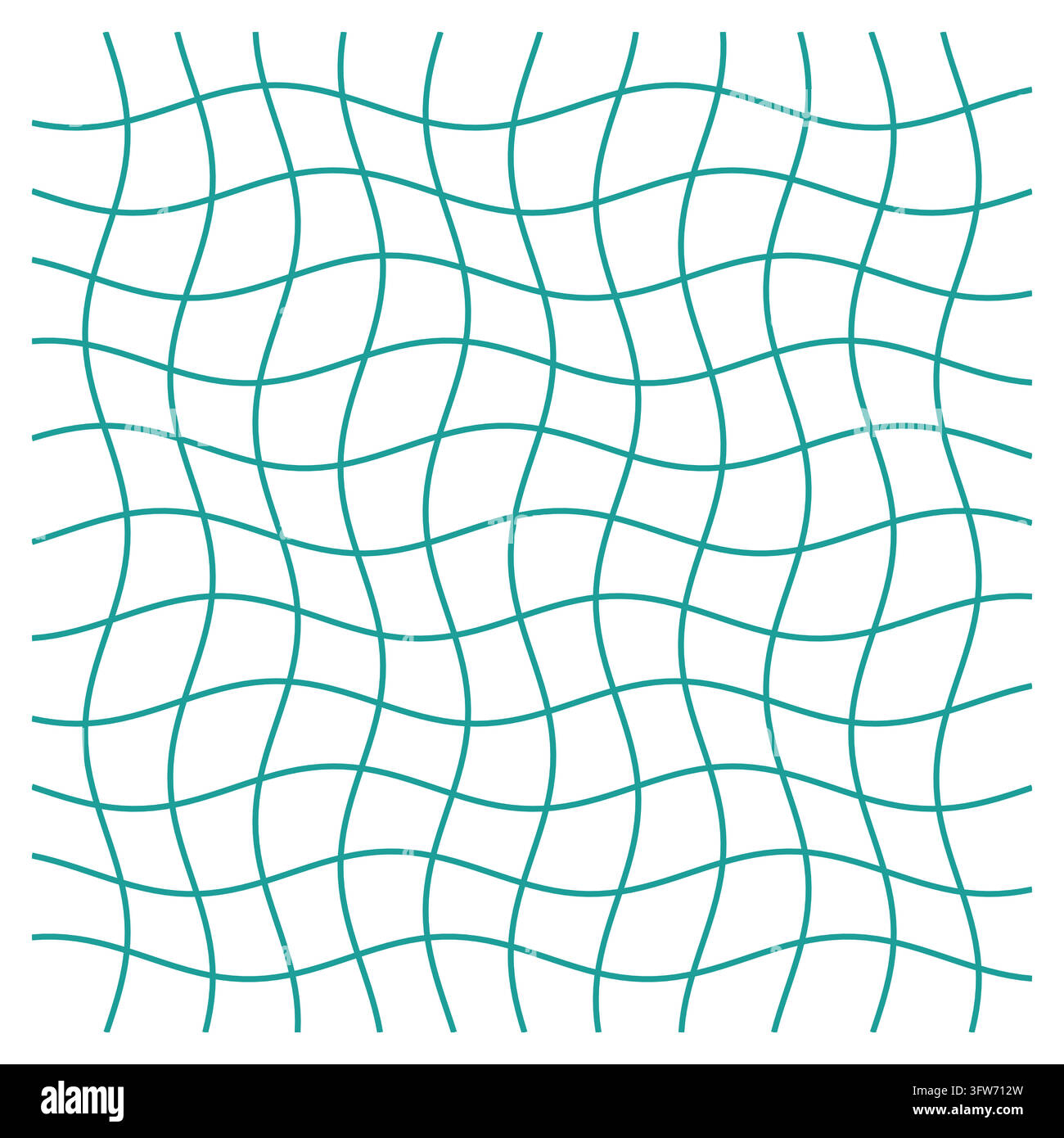 Rippled wavy grid lines in teal, distorted graph paper pattern, flowing geometric design on white. Stock Vector