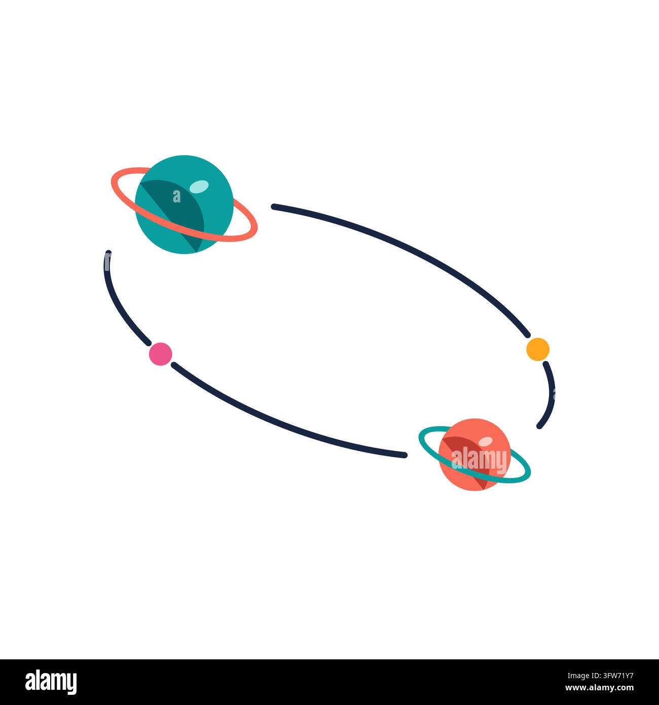 Binary system of two ringed planets sharing a large tilted orbit with orbiting dots, space artwork Stock Vector