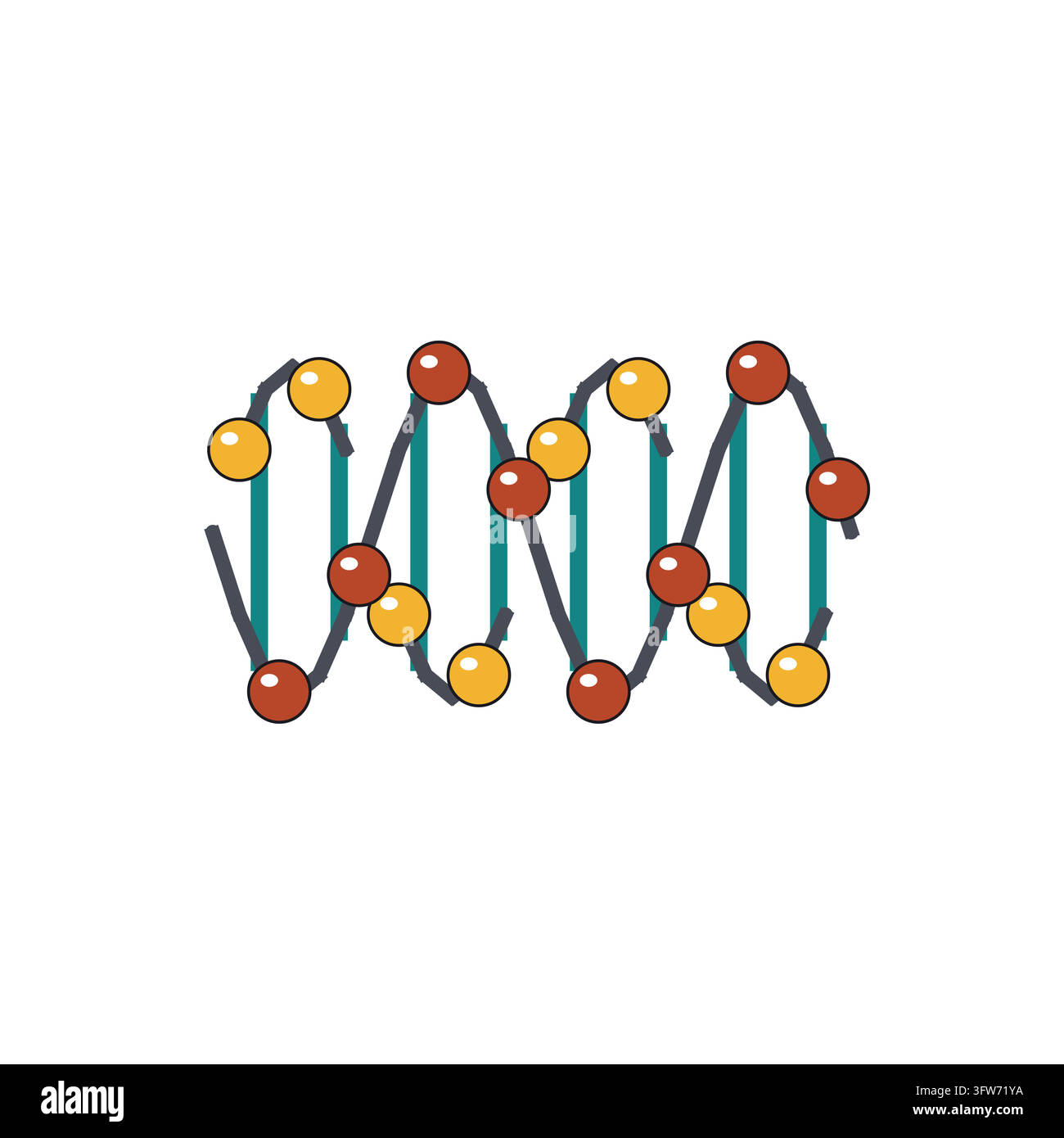 Double helix molecule with two atom chains linked by rung bonds, DNA inspired scientific diagram on white. Stock Vector