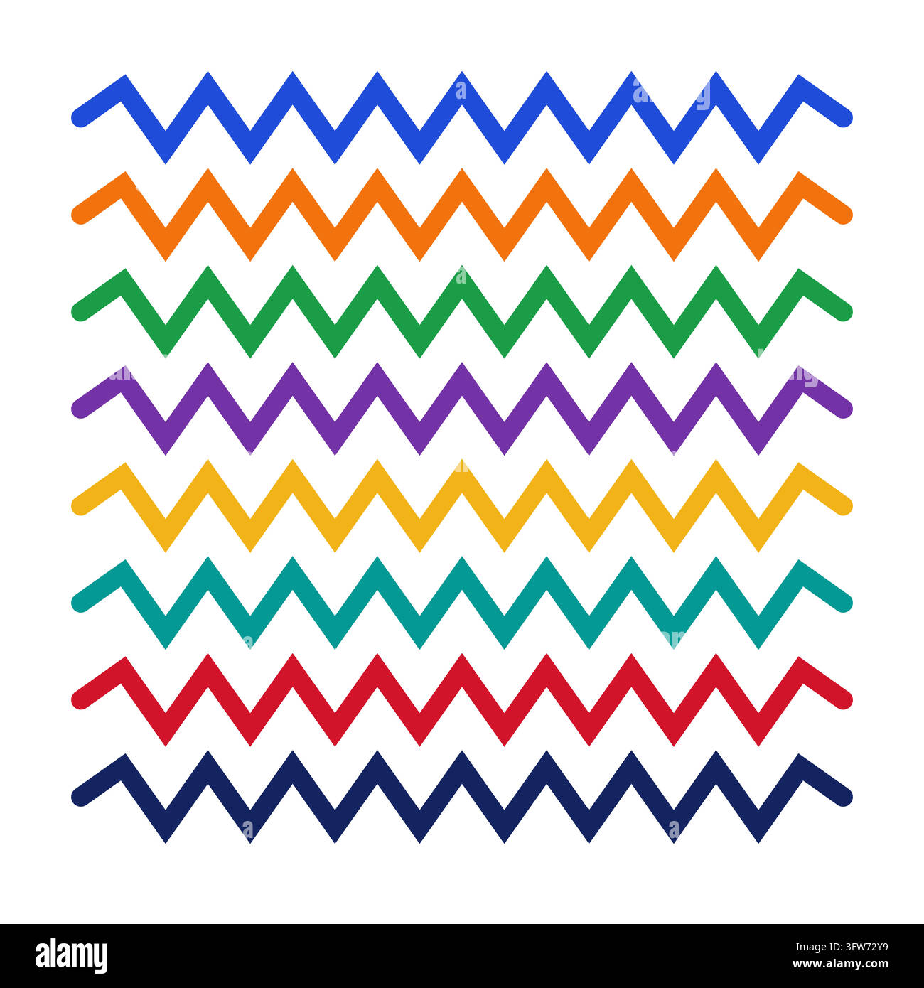 Eight parallel horizontal zigzag lines in rainbow colors, vibrant wavy stripe pattern on white. Stock Vector