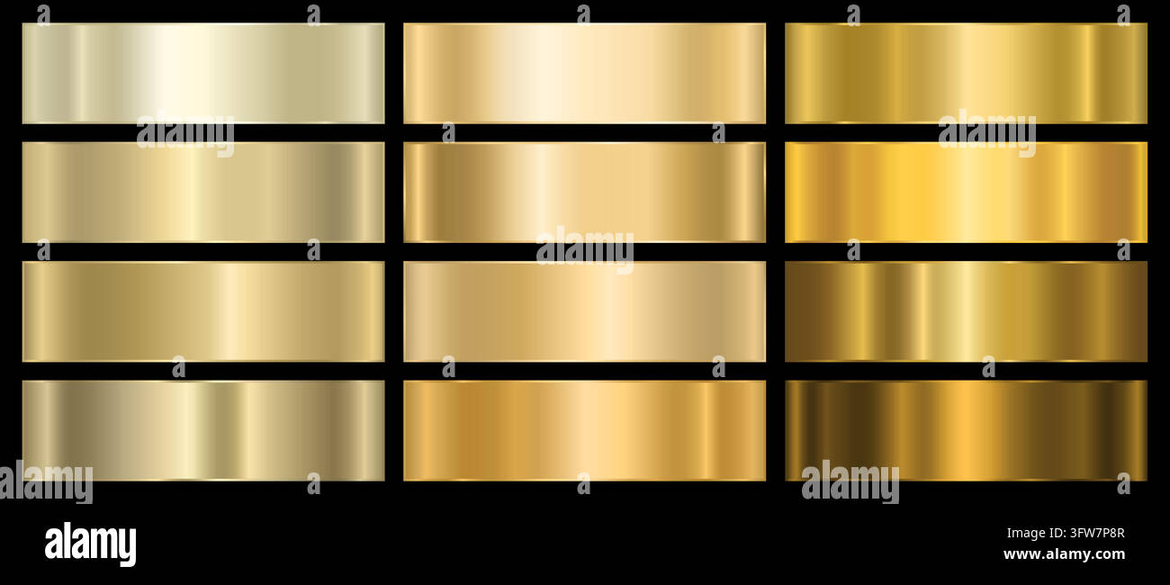 Set of golden metallic gradients on a black background. Stock Vector
