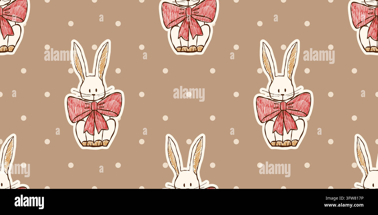 Whimsical Easter bunny pattern with bow, and playful dots. Stock Vector