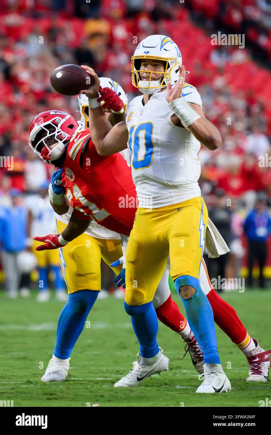 Los Angeles Chargers quarterback Justin Herbert (10) has his pass ...