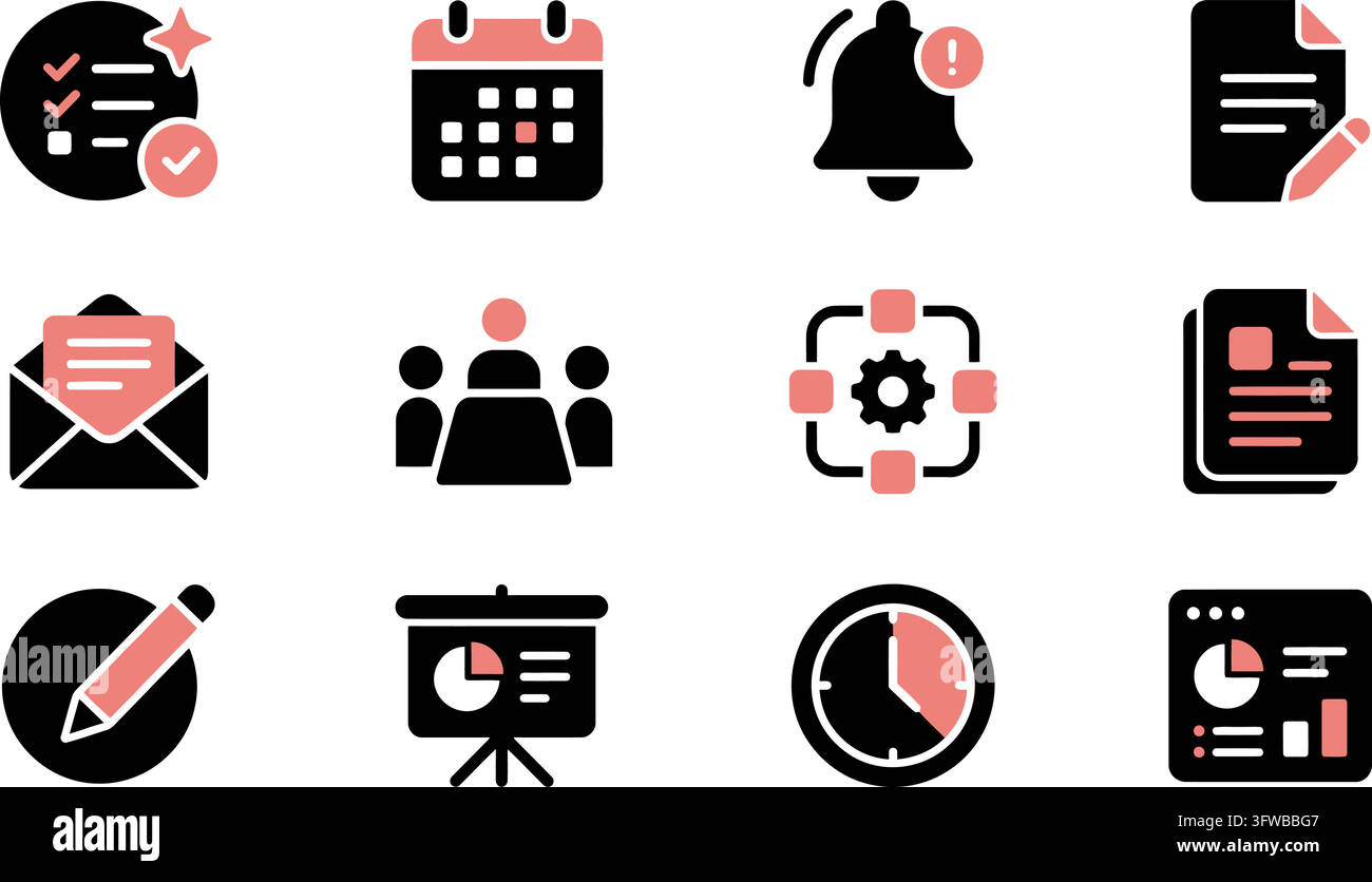 Set of modern business and office management icons isolated on transparent background Stock Vector