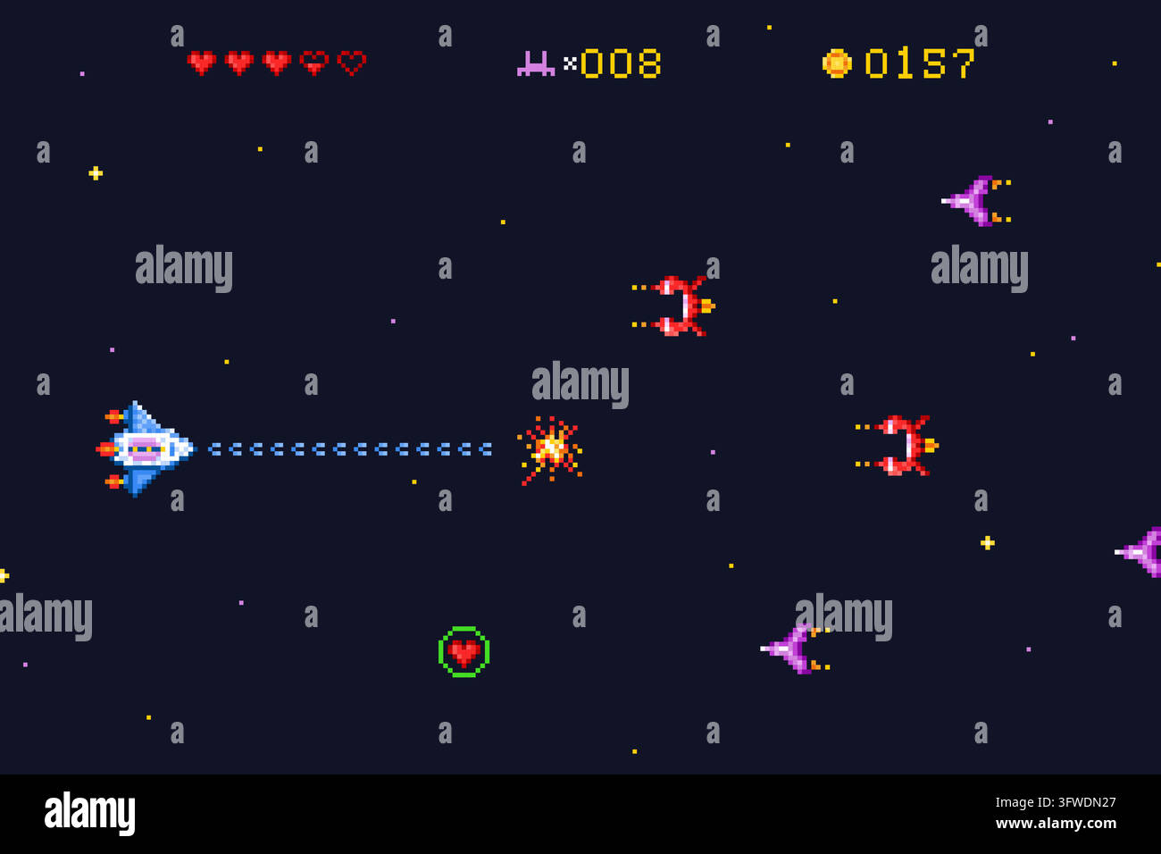 Spaceship arcade. Space battle retro 8bit game pixel art, alien rocket ship galaxy explosion ufo star ship battle war vintage machine computer shuttle 16 bit vector illustration original artwork Stock Vector