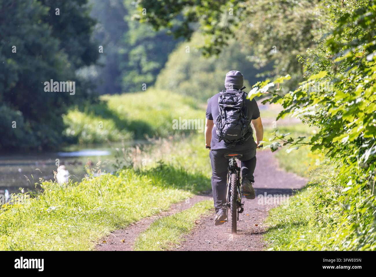 Rear view of a male cyclist travelling alongside a canal on a sunny day ...