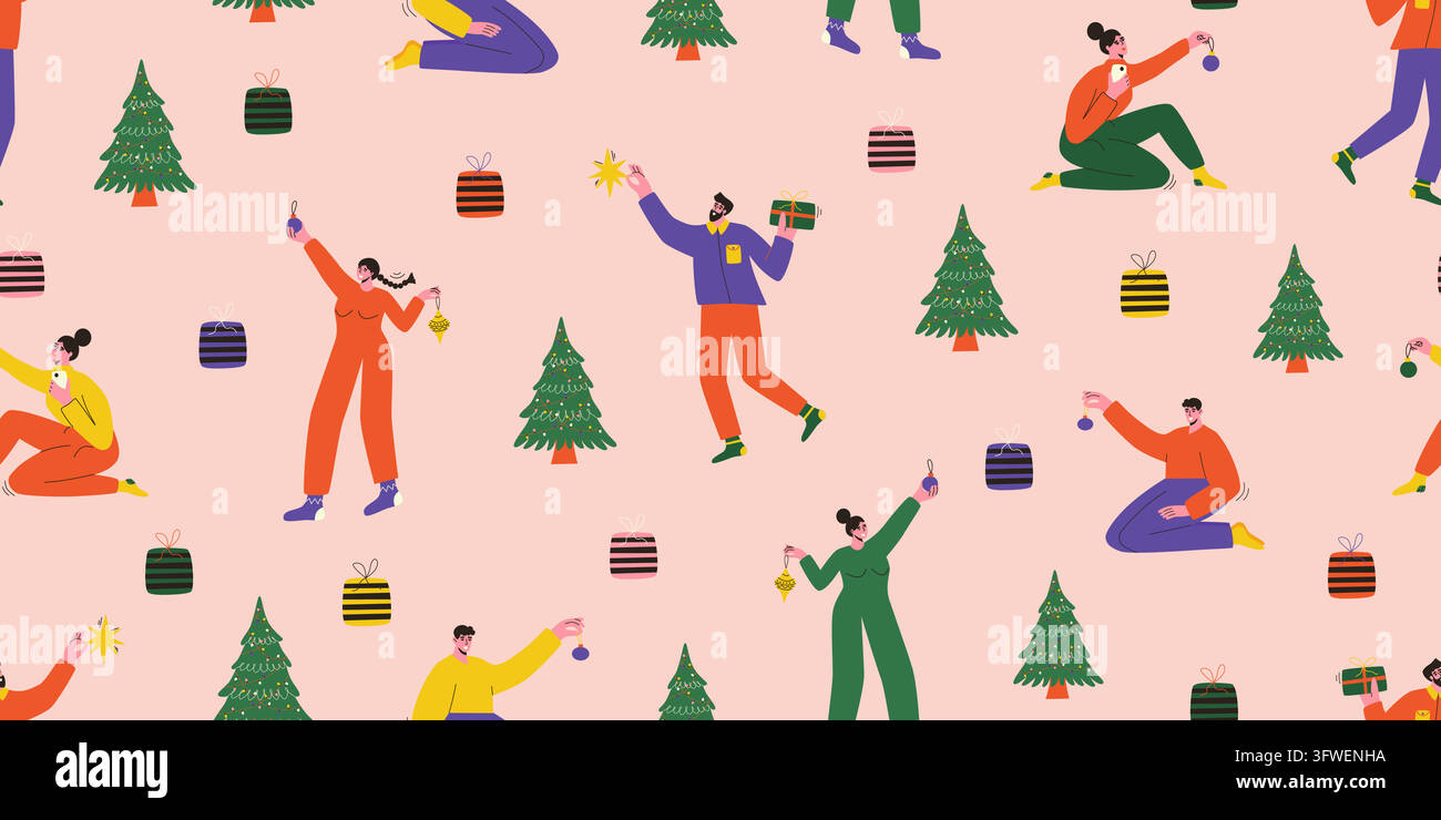 Festive seamless pattern with people decorating Christmas trees, hanging ornaments and holding gifts. Colorful holiday illustration for gift wrap, fab Stock Vector