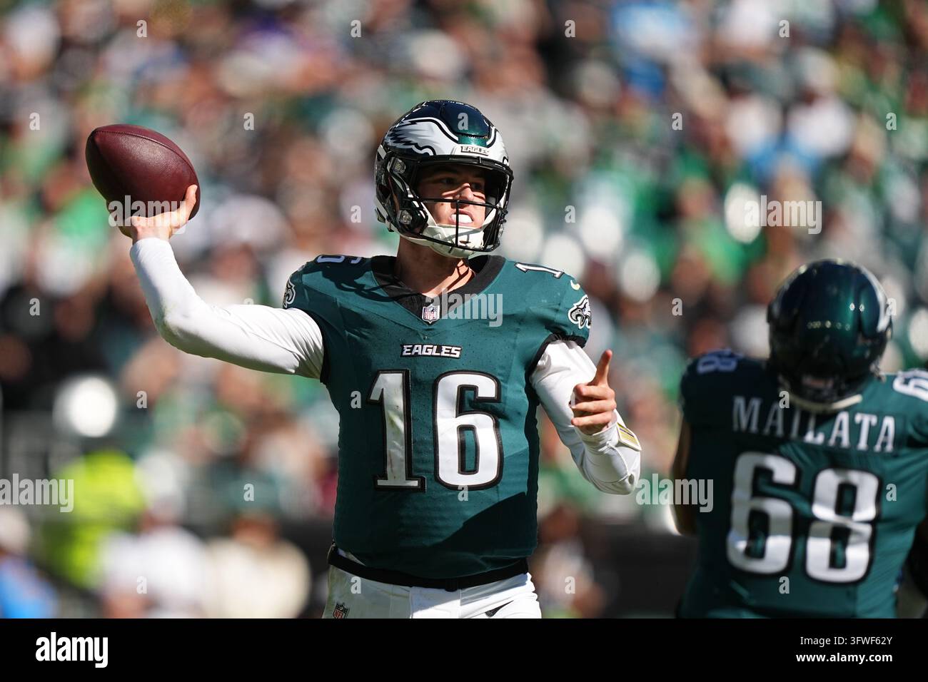 Philadelphia Eagles quarterback Tanner McKee in action during an NFL ...